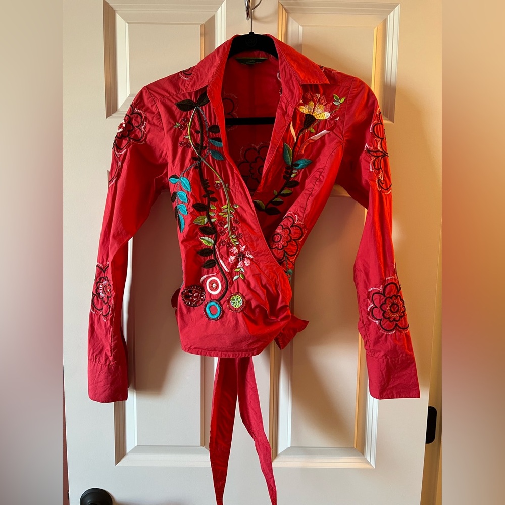 Oilily Red Embroidered Wrap Top with Multicolor Floral Accents